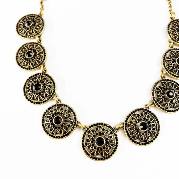 J. Crew Gold & Black Rhinestone Medallion Statement Necklace